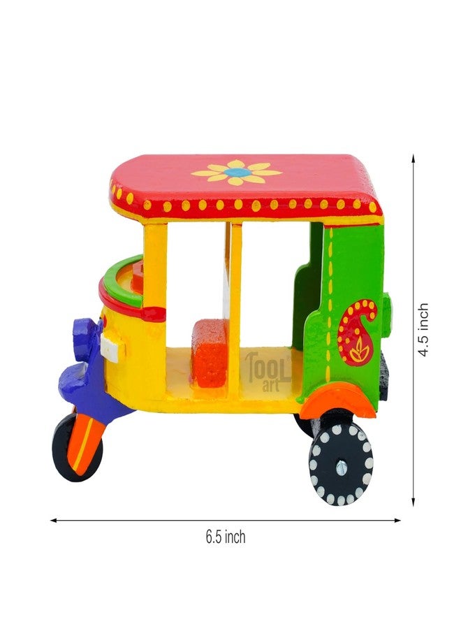 Toolart® Wooden Handcrafted Hand-Painted Auto Rickshaw Toy for Kids | Traditional Push & Pull Wooden Toy Showpiece | Best Birthday Return Gift (Small_Auto_Parent) (02r) - Image 3